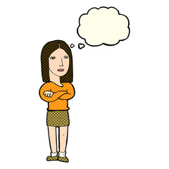 cartoon woman with folded arms with thought bubble