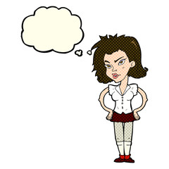 cartoon woman with hands on hips with thought bubble