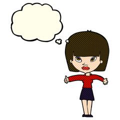 cartoon woman giving thumbs up symbol with thought bubble