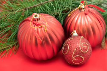 Christmas tree branch with red baubles