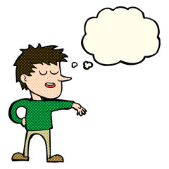 cartoon man making dismissive gesture with thought bubble