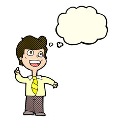 cartoon school boy raising hand with thought bubble