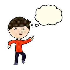 cartoon happy pointing with thought bubble