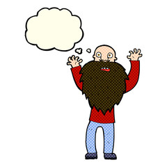 cartoon frightened old man with beard with thought bubble