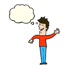 cartoon happy man waving with thought bubble