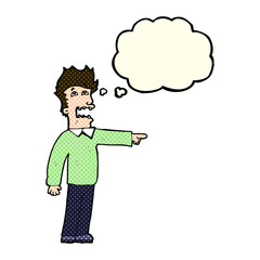 cartoon man accusing with thought bubble