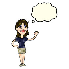 cartoon woman waving with thought bubble