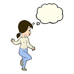 cartoon woman waving with thought bubble