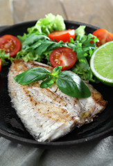 Dish of fish fillet with salad and lime on table close up