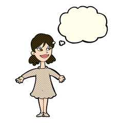 cartoon woman with open arms with thought bubble