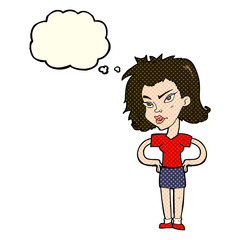 cartoon woman with hands on hips with thought bubble