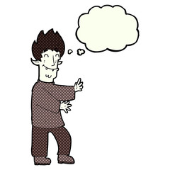 cartoon excited vampire with thought bubble