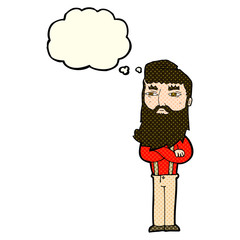 cartoon serious man with beard with thought bubble