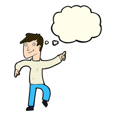 cartoon happy man pointing with thought bubble