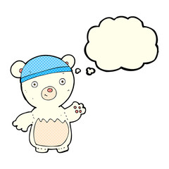 cartoon polar bear wearing hat with thought bubble