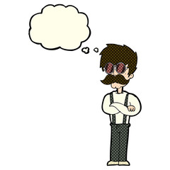 cartoon hipster man with mustache and spectacles with thought bu