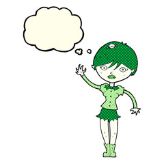 cartoon vampire girl waving with thought bubble