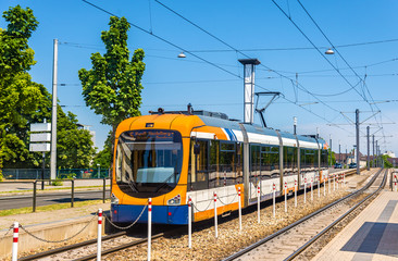 Fototapeta na wymiar Tram at Theresienkrankenhaus station in Mannheim - Germany