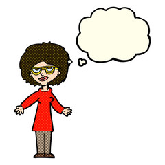 cartoon woman wearing glasses with thought bubble