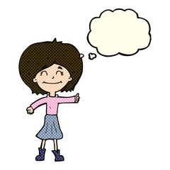 cartoon happy girl giving thumbs up symbol with thought bubble