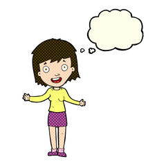 cartoon excited woman with thought bubble