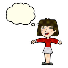 cartoon excited woman with thought bubble