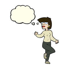 cartoon woman waving with thought bubble