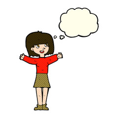 cartoon excited woman with thought bubble