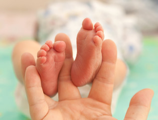 Obraz na płótnie Canvas Infant heels in mother's hand