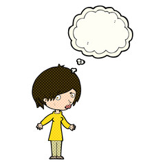 cartoon woman shrugging shoulders with thought bubble