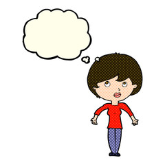 cartoon woman shrugging shoulders with thought bubble
