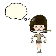cartoon woman with knife between teeth with thought bubble