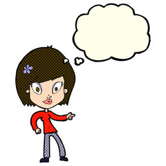 cartoon pretty woman pointing with thought bubble