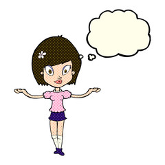 cartoon woman making balancing gesture with thought bubble