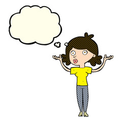cartoon woman throwing arms in air with thought bubble