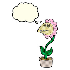 cartoon monster flower with thought bubble