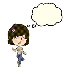 cartoon pretty woman dancing with thought bubble