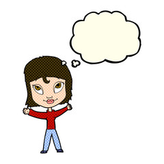 cartoon happy woman waving arms with thought bubble