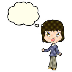 cartoon woman with open arms with thought bubble