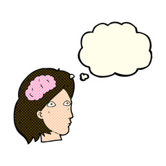 cartoon female head with brain symbol with thought bubble
