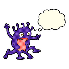 cartoon weird little alien with thought bubble