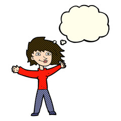 Obraz premium cartoon excited woman waving with thought bubble