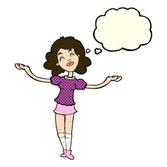 cartoon woman taking praise with thought bubble