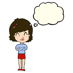 cartoon happy woman with folded arms with thought bubble