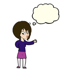 cartoon woman making welcome gesture with thought bubble