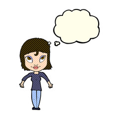 cartoon girl shrugging shoulders with thought bubble