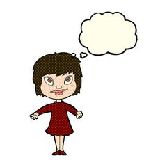 cartoon girl shrugging shoulders with thought bubble