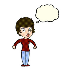 cartoon woman shrugging shoulders with thought bubble