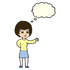 cartoon welcoming woman with thought bubble