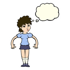 cartoon curious woman with thought bubble